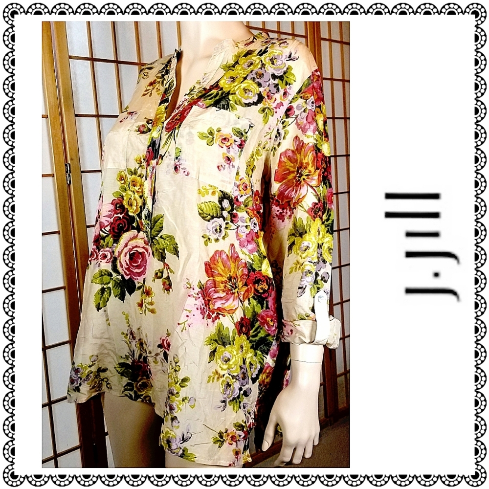 {J.Jill} cotton/silk top, almond rose print, sz L